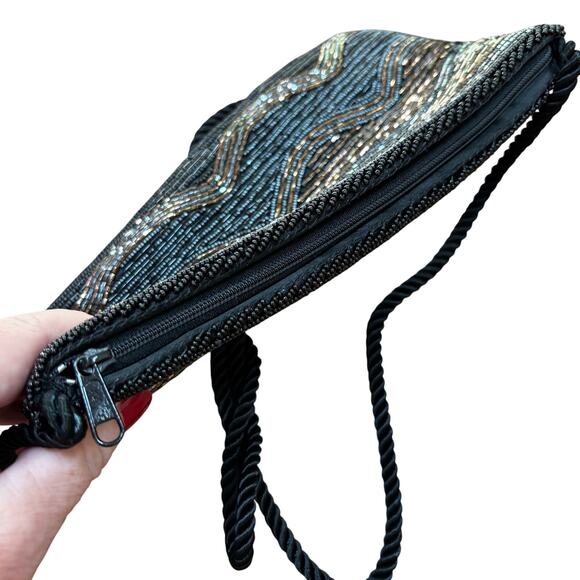 Beaded evening bag dressy 1990’s black satin gold beads dressy shoulderbag purse - Picture 7 of 9